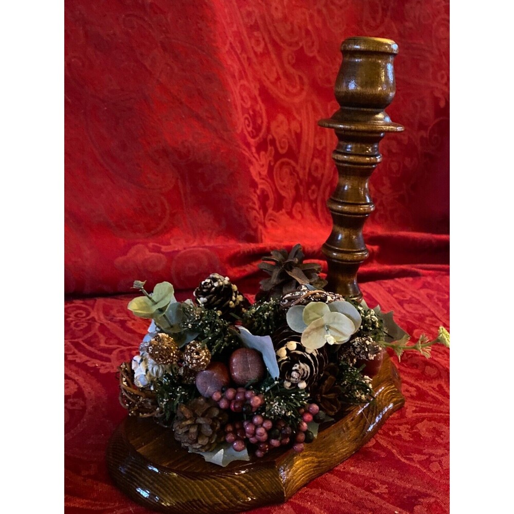 Never used Early American Vintage Pine wood Decorated for Christmas Candle Stick